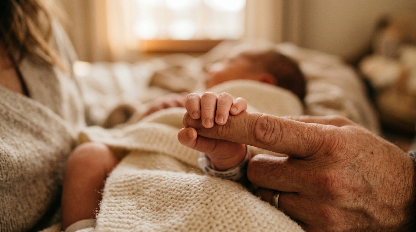 Newborn baby hand holding an adult finger — the beginning of a lifelong bond